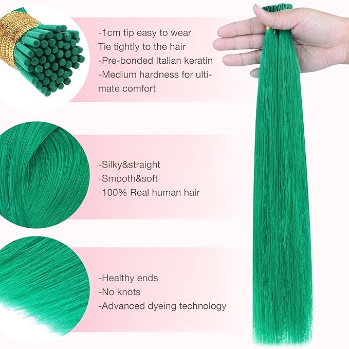GOO GOO Colored I Tip Hair Extensions, Real Human Hair, 14inch 50g 100S, Cold Fusion I Tip, Invisible Remy, Green