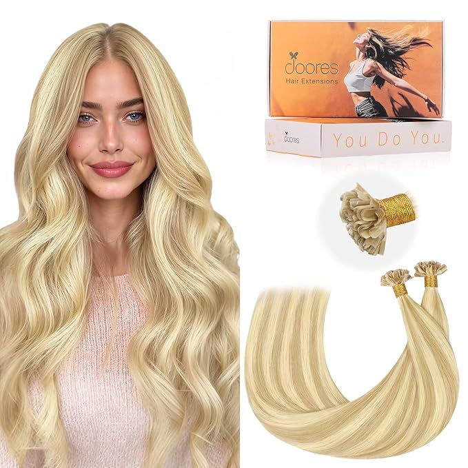 Doores Keratin Tip Hair Extensions Human Hair, Drity Blonde Highlight Golden Blonde 24 Inch 50g/50s, Remy Hair Extensions, U Tip Hair Extensions Human Hair