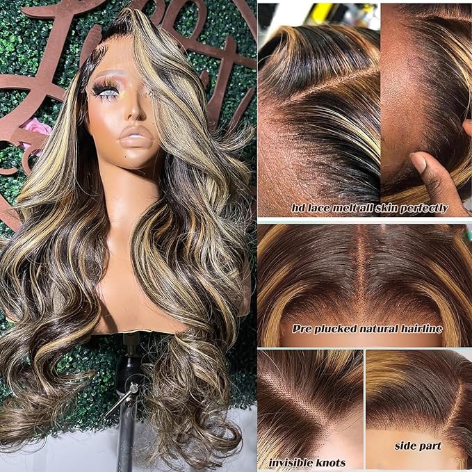 13x6 Balayage Highlight Lace Front Wig Human Hair 13x6 HD Lace Front Wigs Human Hair Pre Plucked Ombre Body Wave Wig 200% Density FB/27 Colored Frontal Wigs Glueless Wigs for Women 26 Inch