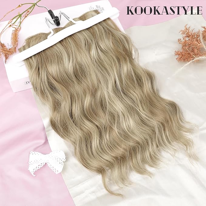 KooKaStyle Short Hair Extensions 6PCS 14 Inch Wavy Curly Hairpieces Synthetic Soft Lace Weft Clip in Hair Extensions-Ash Brown mix Platinum Blonde for Women