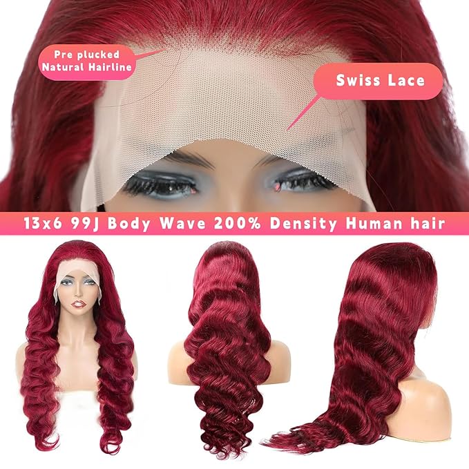 30 Inch 99J Burgundy Wig Human Hair 200 Density 13x6 HD Lace Front Wigs Human Hair Pre Plucked Body Wave Wigs 99J Burgundy Frontal Wigs Human Hair