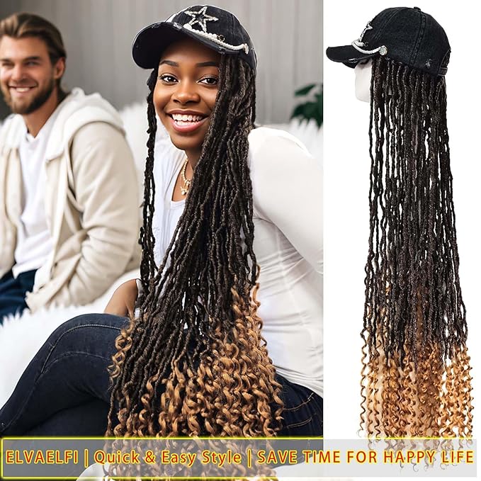 36" Nu Locs Crochet Hair Curly Ends Gradient Brown, Pearl Baseball Cap Wigs for Women Girls Easy Styling