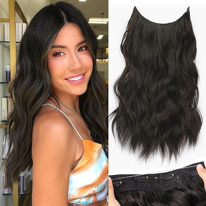 KooKaStyle Invisible Wire Hair Extensions with Transparent Headband Adjustable Size 4 Secure Clips Synthetic Hair Long Wavy Secret Wire Hairpiece for Women(Natural Black 16 Inch)