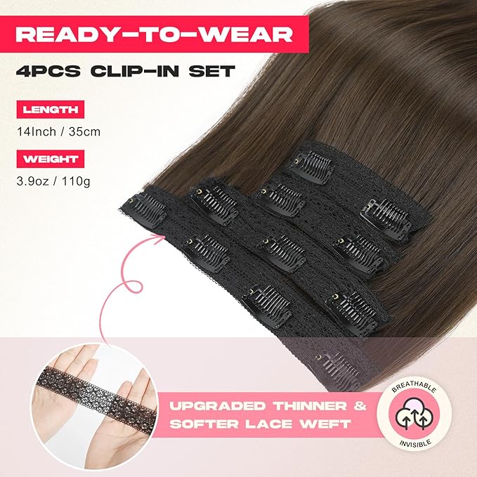 Hair Extensions, 14" Short Clip in Hair Extensions 4PCS Straight Natural Soft Synthetic Hairpiece for Women - Chocolate Brown