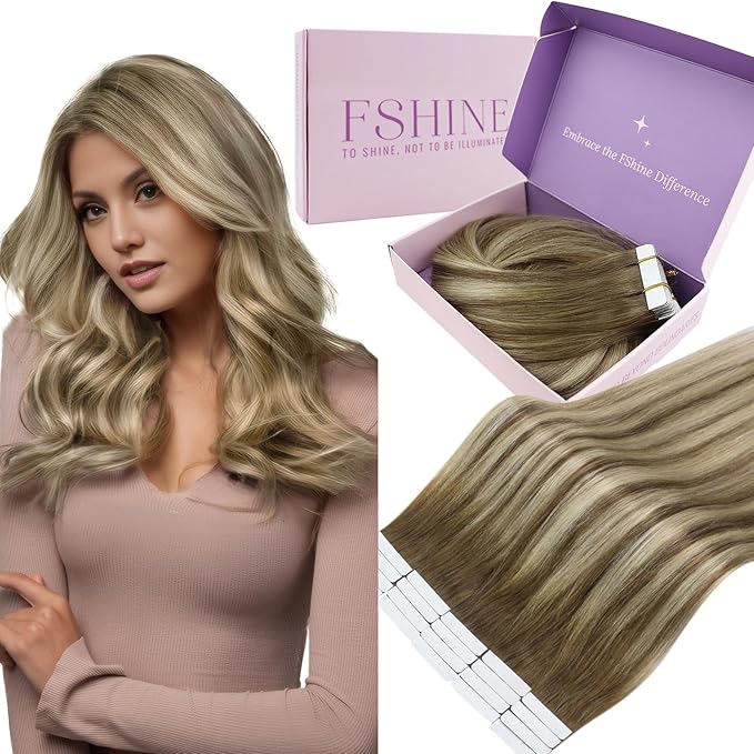 Fshine Tape in Hair Extensions Human Hair, 22 Inch Balayage Chestnut Brown to Platinum Blonde Tape in Extensions Natural Remy 20 pcs 50 g,for Women, Ladies & Girls