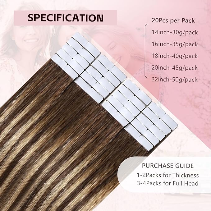 3rd-Generation Invisible Tape in Hair Extensions Real Human Hair #4/27/4 Chocolate Brown to Caramel Blonde 20pcs 45g 20inch Seamless Injection Hand-Tied Tape ins Extensions（#4/27/4a-20inch）