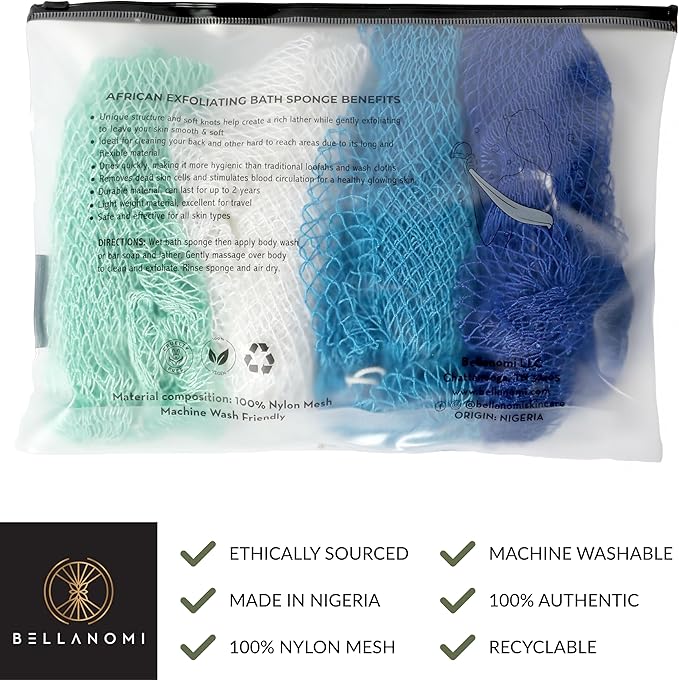BELLANOMI 4 Piece African Exfoliating Net Sponge Long African Bath Sponge, Authentic Ethically Sourced from Nigeria, Great for Daily Use (Blue, White, Seafoam,Navy Blue)