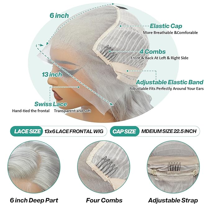 13x6 Grey Lace Front Wigs Human Hair Body Wave Gray Wigs Human Hair Pre Plucked with Baby Hair 200 Density Glueless Brazilian Virgin Grey Lace Frontal Wigs for Women 32 Inch