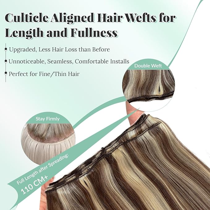 Highlight Human Hair Straight Bundles Brown and Blonde Sew in Hair Extensions Real Human Hair 100G 18 Inch Soft Weft Hair Extensions Brown with Blonde Highlights Sew in Bundles
