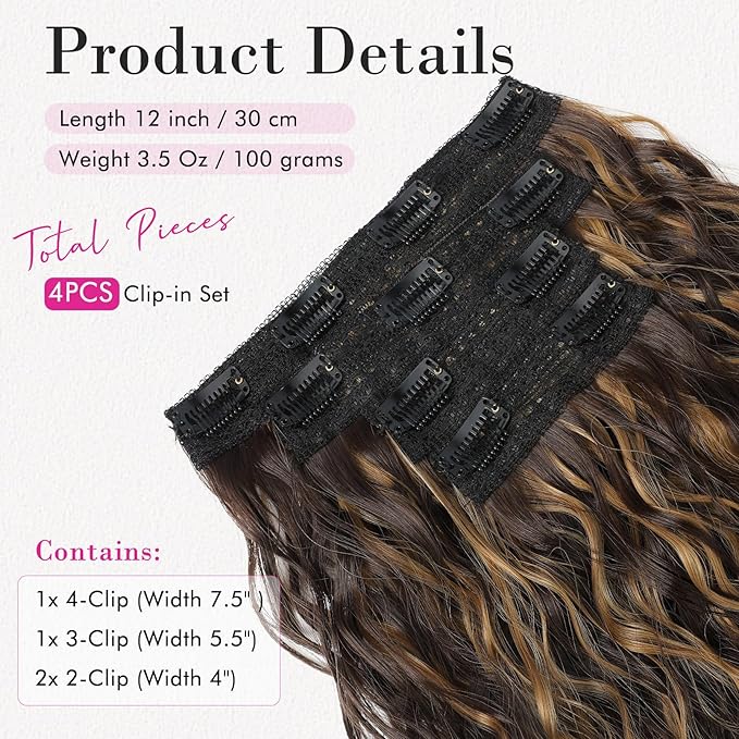 REECHO Clip in Hair Extensions - 4PCS 12" Short Curly Wavy Brown Hair Extensions with Invisible Lace Weft - Natural Soft Hairpieces for Women - Dark Brown with Highlights