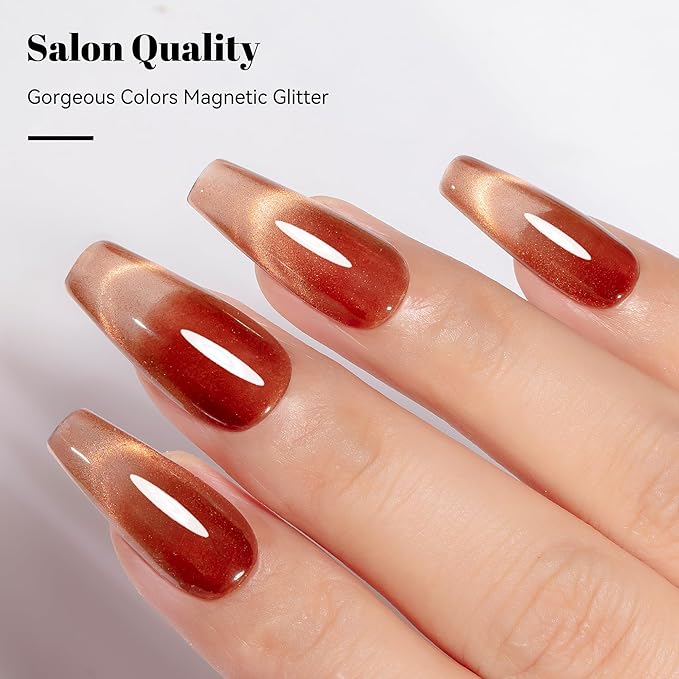 YTD Likomey High Shine Glass Cat Eye Gel Nail Polish,15ml Gold Brown Magnetic Holographic Glitter Translucent Jelly Salon Home Fall Winter UV Color Varnish with Magnet Stick,HEMA Free TPO Free,MY506