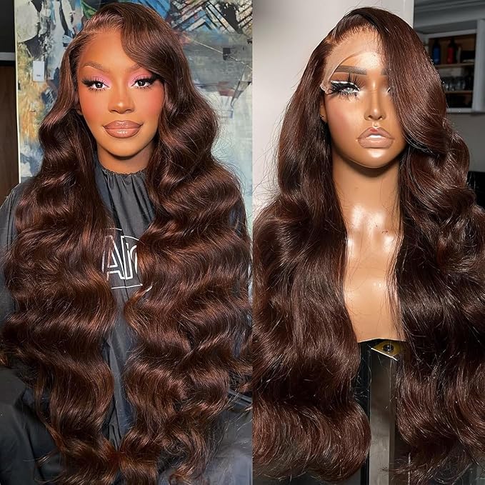 32Inch 13x6 Chocolate Brown Body Wave Lace Front Wigs Human Hair Pre Plucked Full HD Lace Front Human Hair Wigs 180% Density Colored Wigs