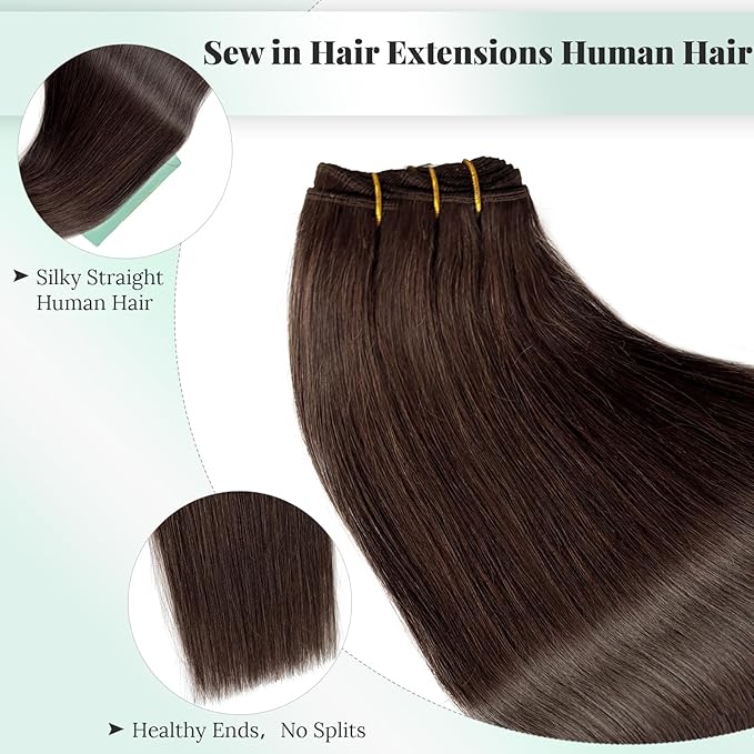Licoville Human Hair Weft Extensions Dark Brown Real Human Hair Extension Sew in 22 Inch 120G Thick Straight Weft Hair Extensions #2 Dark Brown Sew in Bundles for Women