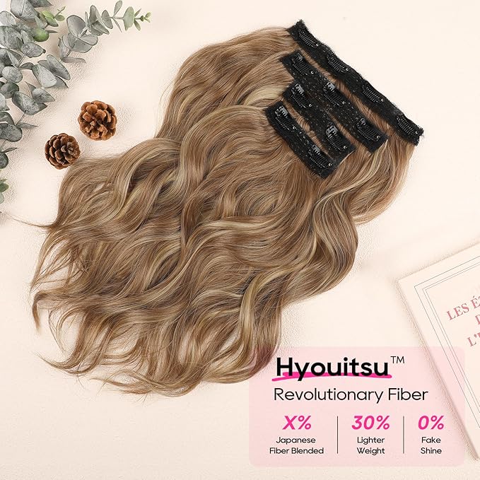 REECHO Clip in Hair Extensions - 4PCS 14" Beach Wavy Hairpieces with Invisible Lace Weft - Natural Soft, Light Brown with Highlights