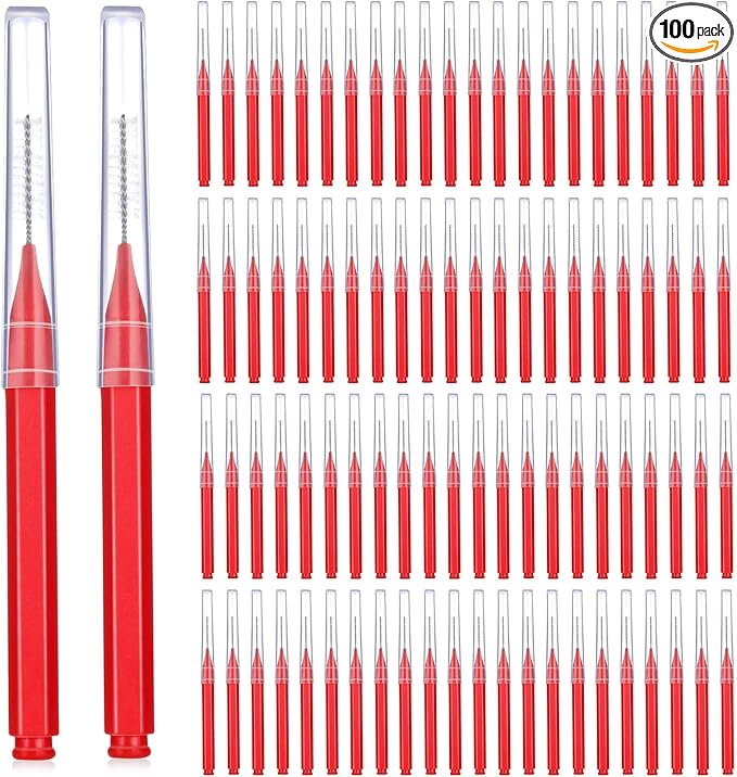 Patelai 100 Pieces Braces Brush for Cleaner Interdental Brush Toothpick Dental Tooth Flossing Head Oral Dental Hygiene Flosser Toothpick Cleaners Tooth Tool(Red,Suitable Size)