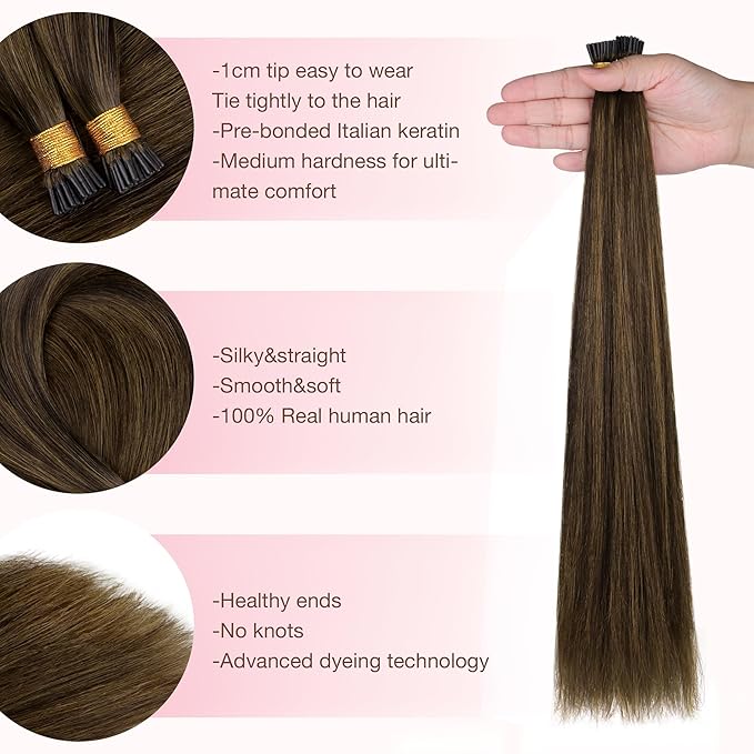 GOO GOO I Tip Hair Extensions Real Human Hair, 14inch 100g 200S, Cold Fusion I Tip Hair Extensions, Invisible Remy Hair Extensions, 2C/4E/6C Brown Sugar Swirl Highlights