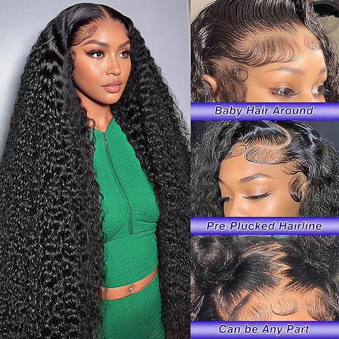 30 Inch Deep Wave Lace Front Wigs Human Hair 13x6 HD Transparent Deep Curly Lace Frontal Wigs 200% Density Glueless Wigs Human Hair pre Plucked with Baby Hair Natural Color