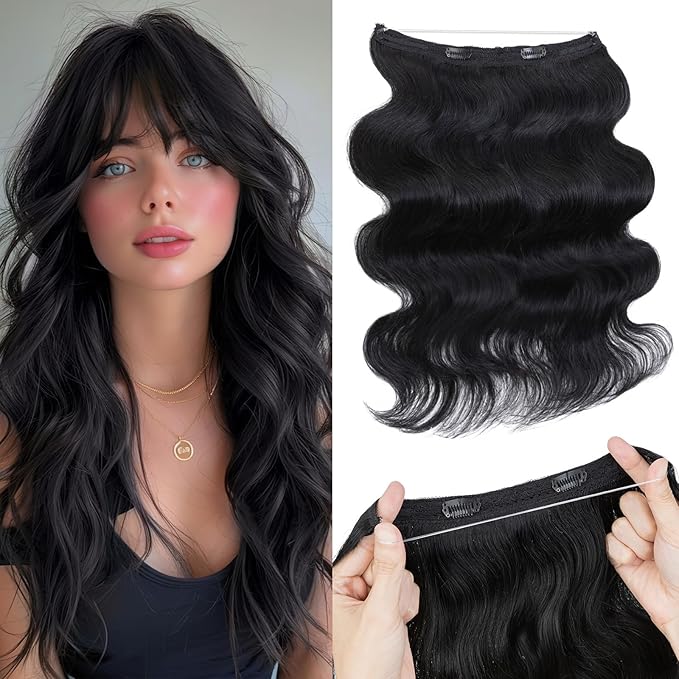 Halo Hair Extensions Real Human Hair,Halo Hair Extension 100% Human Hair,Wire Hair Extensions,Wavy 01 Jet Black 75g/22inch