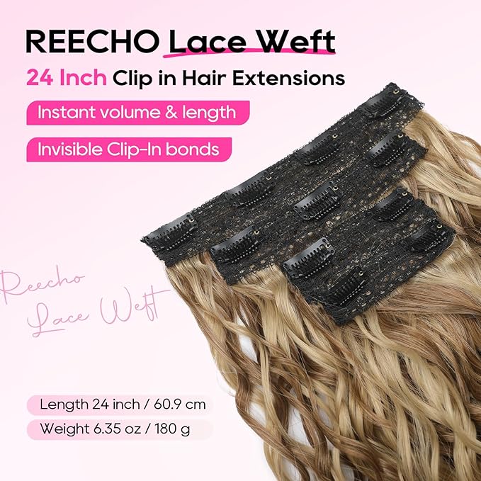 REECHO Curly Hair Extensions, 4PCS 24 inch Clip in Hair Extensions Lace Weft Short Curly Extensions Clip Ins Invisible Natural Hairpieces for Women, Light Brown with Blonde Highlights