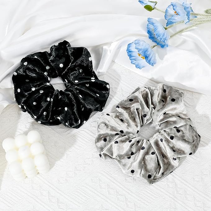 2-Piece Velvet Hair Scrunchies, Big Non Slip Polka Dot Hair Ties for Daily Styling, Parties & Workouts, No Damage Scrunchy Ponytail Holders Hair Accessories for Women & Girls (Black & Gray)
