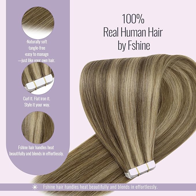 fshine Tape in Extensions Human Hair Medium Brown Highlighted Honey Blonde 14 Inch Real 50 g 20 pcs Seamless Skin Weft Extensions, Color 4P27, for Moms & Busy Moms