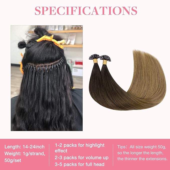 GOO GOO U Tip Hair Extensions - 20 Inch 50g 50S Hot Fusion, Invisible Remy Human Hair, 1D/2C/4E Chocolate Dip Color Melt