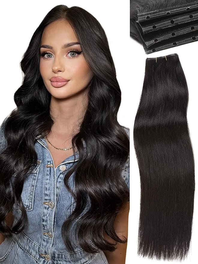 WIGNEE Double Layered OVO Hair Extensions Natural Black Human Hair weft with beads 100% Real Human Hair Extensions 22 Inch Seamless Micro Beads Human Hair Extensions Glueless Salon Quality(1B)