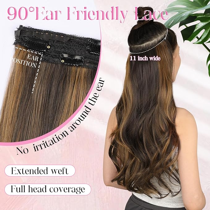 Invisible Wire Hair Extensions with Transparent Wire Adjustable Size 4 Secure Clips Long Wavy Secret Hairpiece 20 Inch for Women(Balayage Dark Brown to Chestnut)