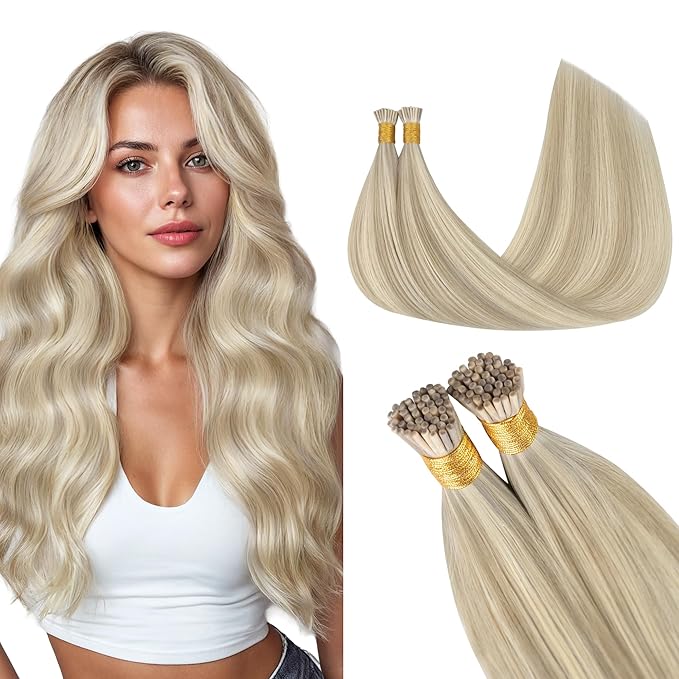 GOO GOO I Tip Hair Extensions, Real Human Hair, 22inch 100g 100S, Cold Fusion I Tip, Invisible Remy, 17A/60A Ash Blonde Highlighted Platinum Blonde