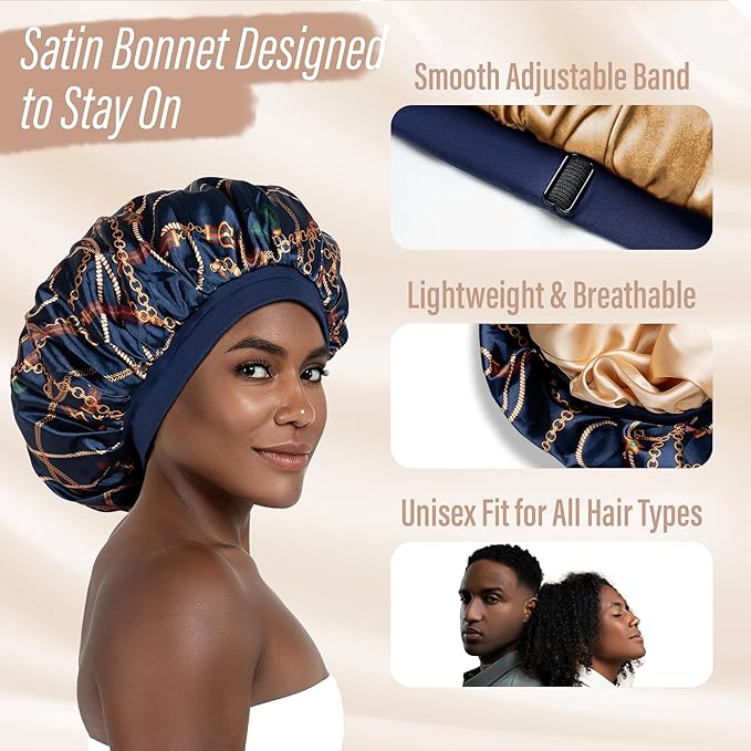 CAPLORD Double Sided Satin Bonnet for Sleeping - Adjustable Silk Sleep Cap for Women and Men
