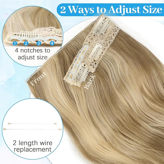 KooKaStyle Invisible Wire Hair Extensions Long Wavy Layered Synthetic with Transparent Wire Adjustable Size 6 Secure Clips Hairpieces for Women 16 Inch (16 Inch, Light Brown mix Golden Blonde)