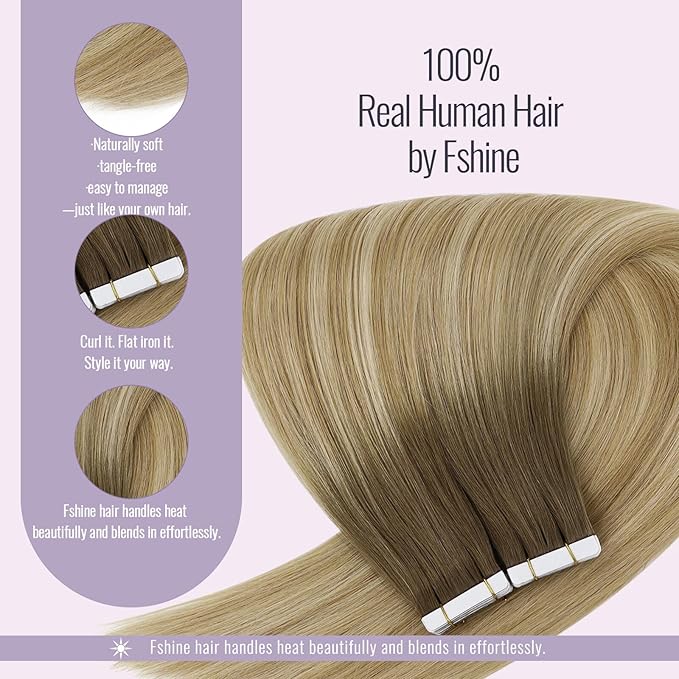 Fshine Tape in Hair Extensions 16 Inch Chocolate Brown to Caramel Blonde and Platinum Blonde Human Hair Tape in Extensions Adhensive Real Hair Extensions Tape for Women 20pcs 50 Grams