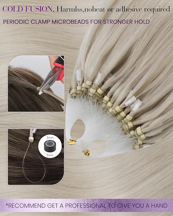 LaaVoo Micro Link Hair Extensions Human Hair Blonde Micro Beads Extensions Human Hair Platinum Blonde Micro Loop Hair Extension Real Human Hair 20 in 50g 50S