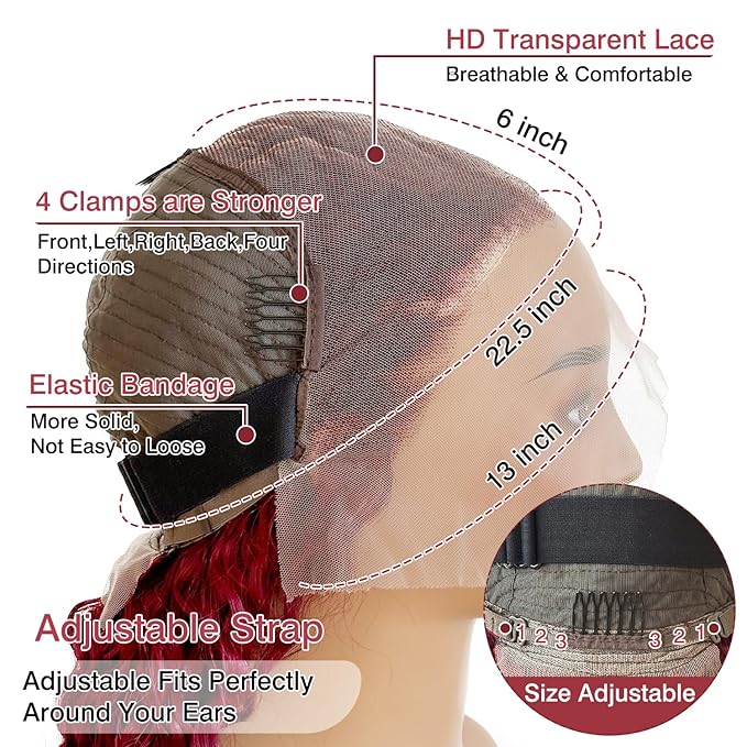 Burgundy Wig Human Hair 99j Burgundy 13x6 Deep Wave Lace Front Wigs Human Hair Pre Plucked 180% Density HD Transparent Lace Frontal Wigs for Black Women Red Colored Wig 40 Inch