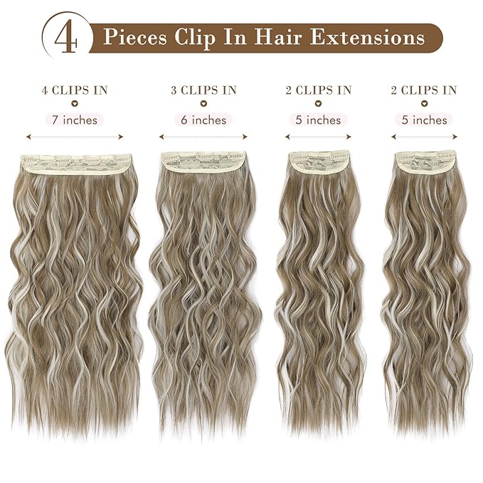 REECHO Hair Extensions, 4PCS Clip in Hair Extensions HE001 Natural Soft Synthetic Hairpieces for Women, Light Ash Brown with Highlights