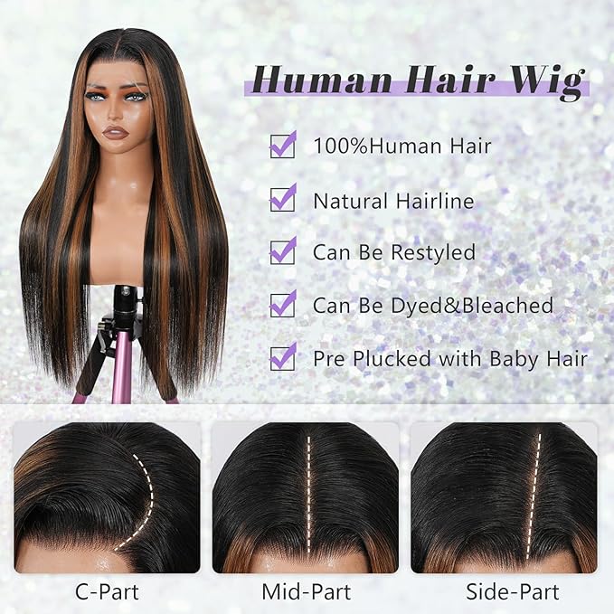 13X6 Full Real Skinlike HD Lace Wig Human Hair 13x6 1B/30 Straight Highlight Ombre Lace Front Wigs Human Hair Pre Pucked 0.10mm Ultra-thin Swiss Lace No Tangle No Shedding Triple Lifespan 3X 26 inch