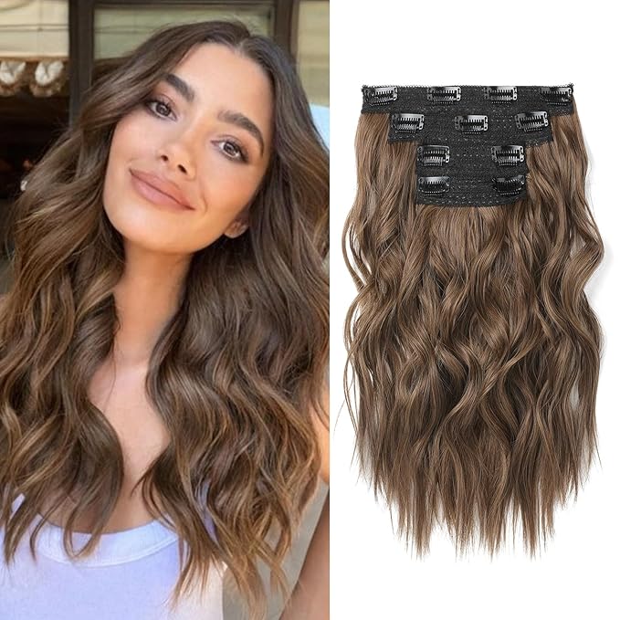 Hair Extensions, 14" Short Clip in Hair Extensions 4PCS Beach Wave Blonde Natural Soft Synthetic Hairpiece for Women - Light Brown