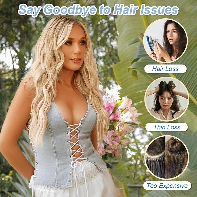 Blonde Highlights Invisible Wire Hair Extensions Long Wavy Synthetic Hairpiece with 4 Secure Clips for Women 20 Inch Clip in Hair Extensions