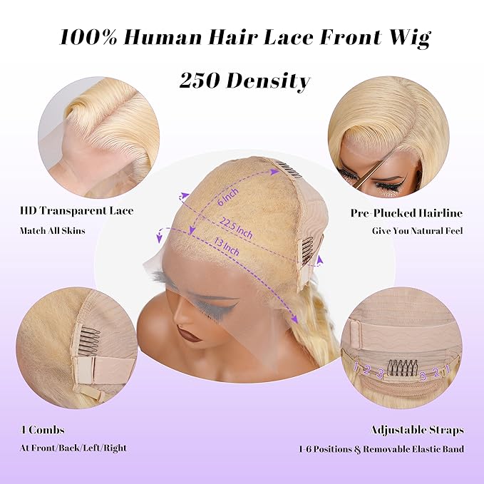 613 13x6 Lace Front Wig Human Hair 250 Density 28 Inch Straight Blonde Wig Human Hair 613 HD Lace Frontal Wigs 13x6, No Synthetic Blend No Tangle No Shedding Triple Lifespan 3X 100% Real Human Hair