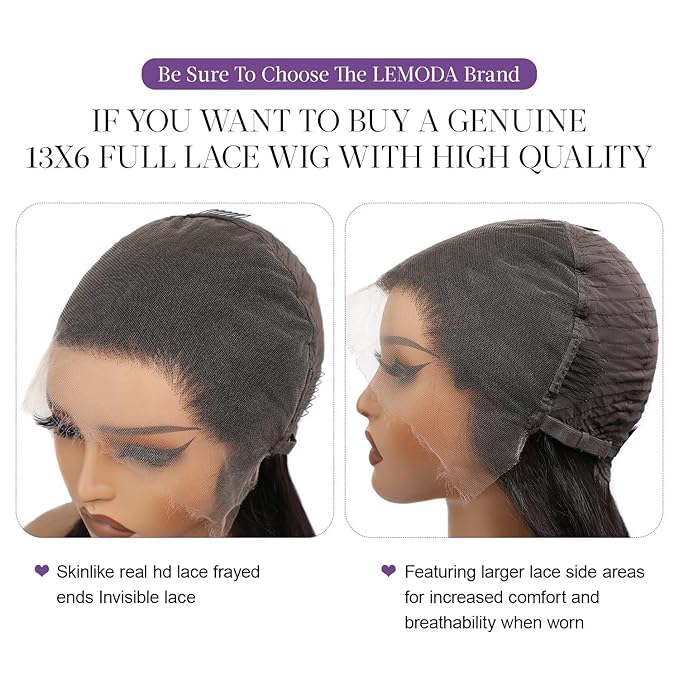 Lemoda Straight 13x6 SKINLIKE Real HD Full Lace Frontal Wigs 26Inch Full 13x6 Lace Frontal Virgin Human Hair Wigs Invisible 0.1mm Ultra-thin Knots Frayed Ends Lace Wig Full Ends