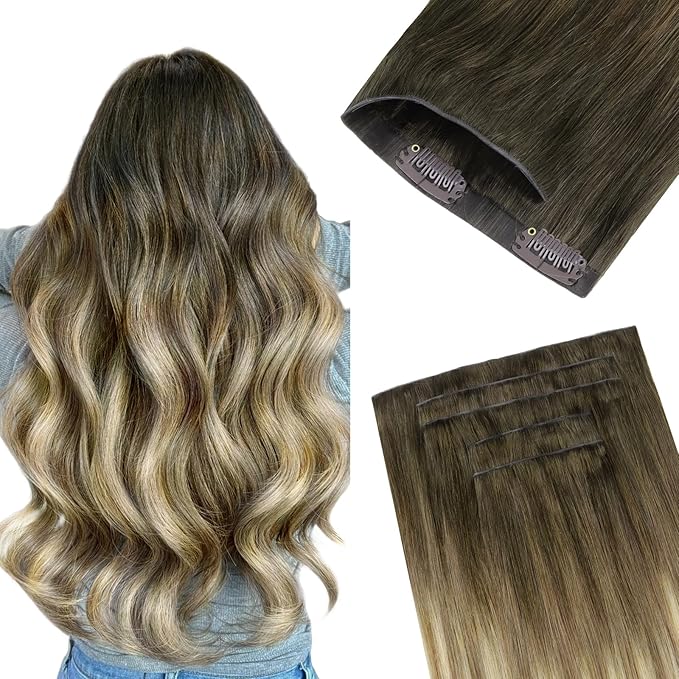 GOO GOO Invisi Edge Clip in Hair Extensions 7Pcs Injected Seamless PU Clip in Hair Extensions 24inch 150g, Virgin Real Human Hair, #3/8/613 Balayage Walnut Brown to Ash Brown and Bleach Blonde