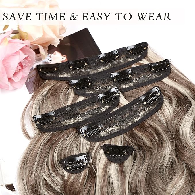 NAYOO Clip in Hair Extensions for Women 14 Inch Short Wavy Curly Medium Brown Ash Blonde Hairpieces Full Head Synthetic Hair Hairpieces (6PCS, Medium Brown Ash Blonde)
