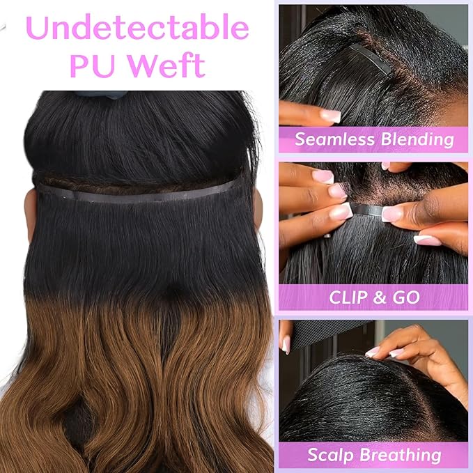 IDN BEAUTY Seamless Clip In Hair Extensions Human Hair 1B/30 Ombre Natural Black to Medium Auburn Body Wave Seamless Clip Ins For Black Women PU Weft Invisible Edge Thick Ends 100g 14 Inch 7pcs