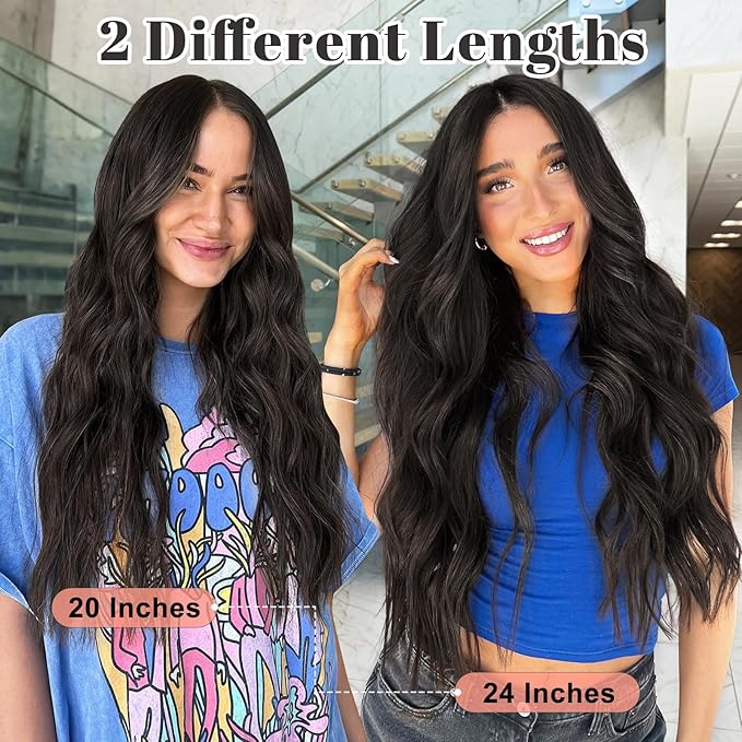 ALXNAN Clip in Long Wavy Synthetic Hair Extension 24 Inch Natural Black 4PCS Thick Hairpieces Fiber Double Weft Hair for Women