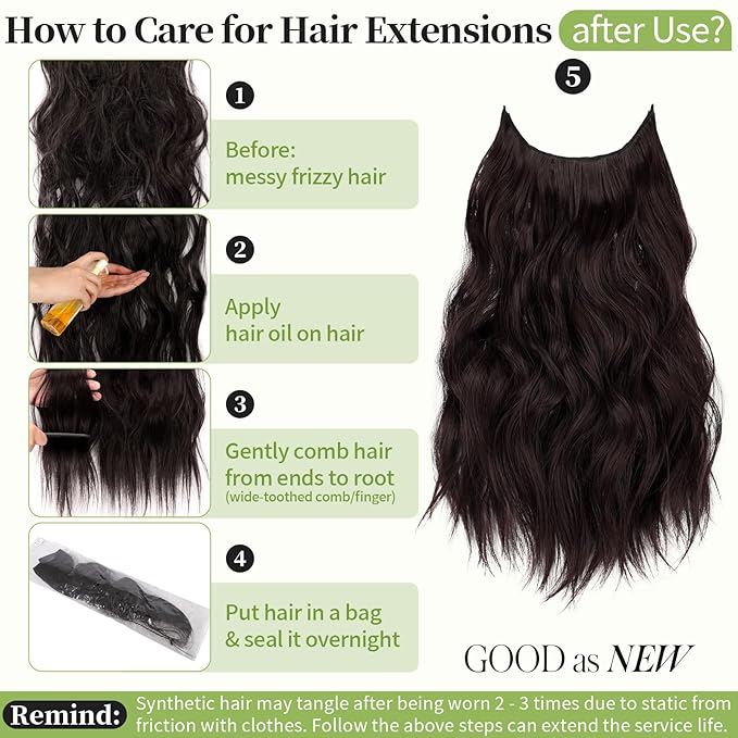 KooKaStyle Invisible Wire Hair Extensions with Transparent Headband Adjustable Size 4 Secure Clips Long Wavy Hairpiece 16 Inch Reddish Chocolate Brown for Women
