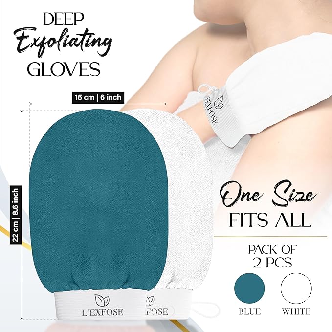 L'Exfose Kessa Hammam Deep Exfoliating Glove for Shower - Korean Exfoliating Mitt Body Scrubber Ideal for Dead Skin Remover, Keratosis Pilaris & Self-Tanning (Cyan Blue & Ivory)