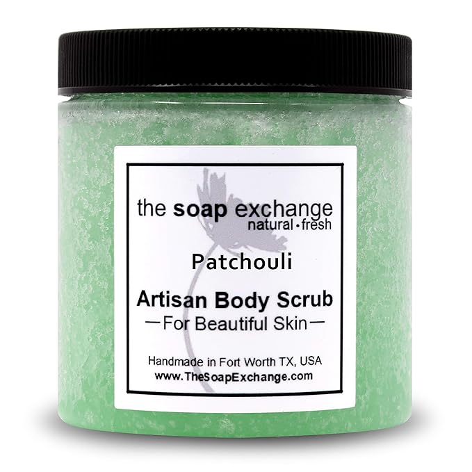 The Soap Exchange Sugar Body Scrub - Patchouli Scent - Hand Crafted 16 fl oz / 480 ml Natural Artisan Skin Care, Shea Butter, Exfoliate, Moisturize, & Protect. Made in the USA.