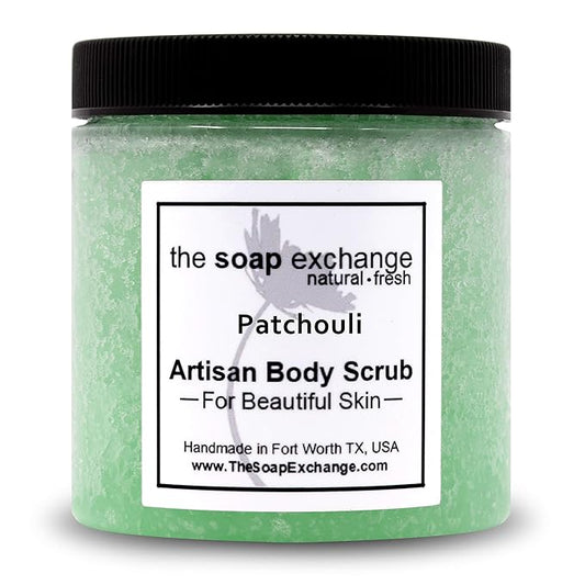 The Soap Exchange Sugar Body Scrub - Patchouli Scent - Hand Crafted 16 fl oz / 480 ml Natural Artisan Skin Care, Shea Butter, Exfoliate, Moisturize, & Protect. Made in the USA.