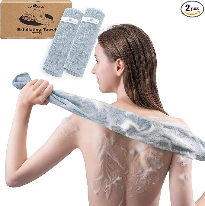 myHomeBody Exfoliating Washcloths for Showering, Loofah Body Scrubber Exfoliator, Back Shower Towel, Bath Washer for Exfoliation, Sky Blue, Set of 2