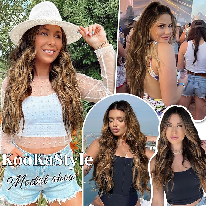 KooKaStyle Invisible Wire Hair Extensions with Transparent Headband Adjustable Size 4 Secure Clips Long Wavy Secret Wire Hairpiece 20 Inch Chestnut Brown with Blonde Highlights for Women